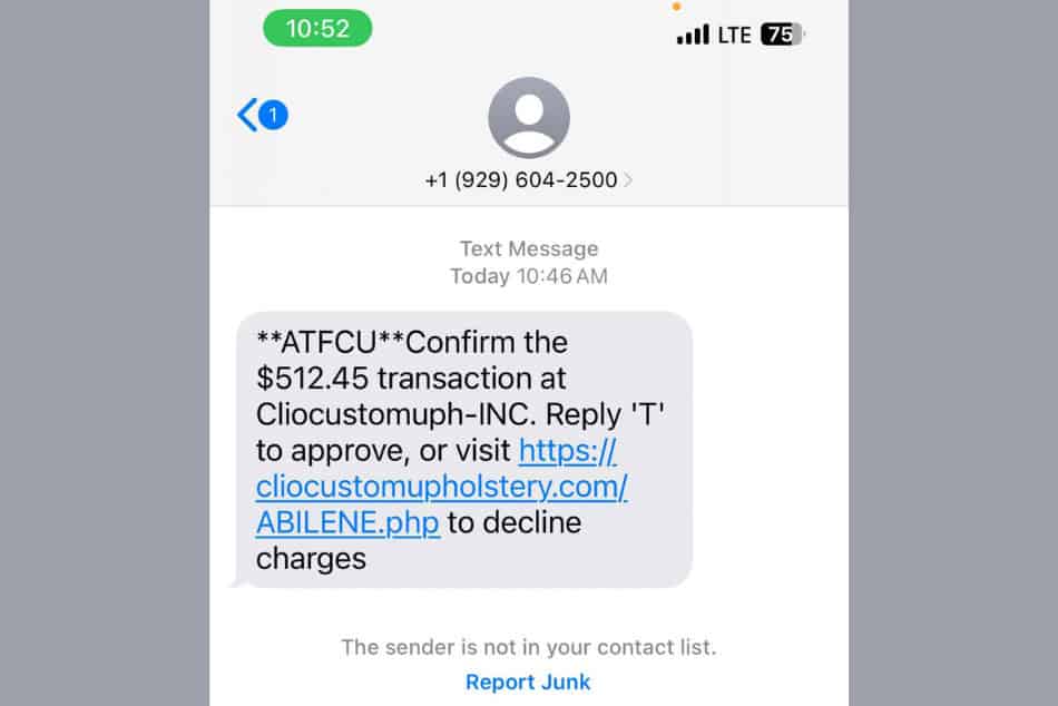 Screenshot of fraudulent text