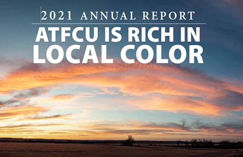 Cover of 2021 Annual Report. Depicts a colorful sunset over the Texas Plains.