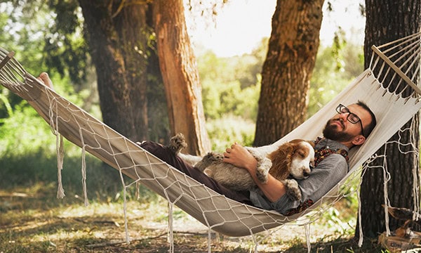 Man and his dog asleep in a hammock