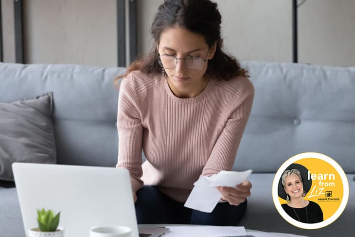 lady paying bills on laptop with overlay of Learn from Liz