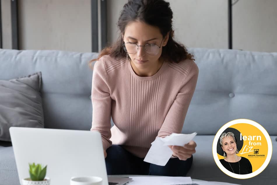 lady paying bills on laptop with overlay of Learn from Liz