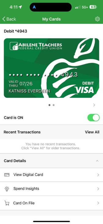 Card Management Screen