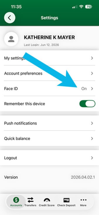 ATFCU app screen with an arrow pointing to Face ID