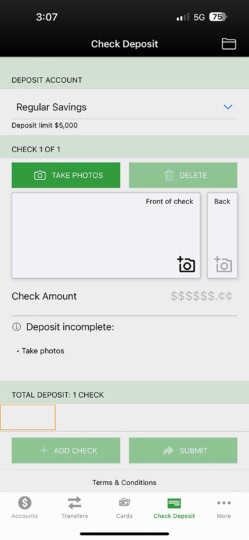 Pantalla de depósito de cheques