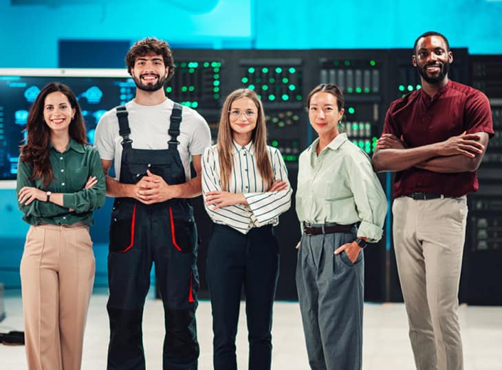 Data professionals standing in front of a bank of computers