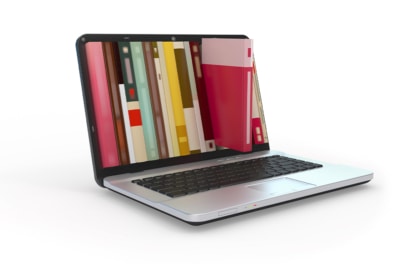 laptop with book spines on screen