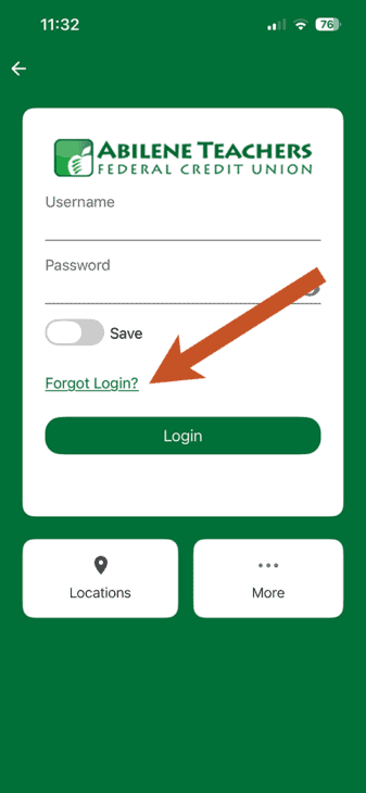 ATFCU app login screen with arrow pointing to the Forgot Login link