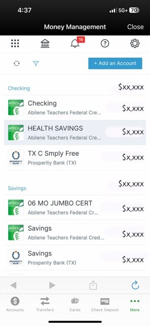 Money Management screen