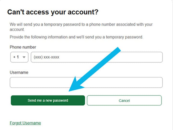 Image of ATFCU online banking screen with arrow pointing to Send me New Password link