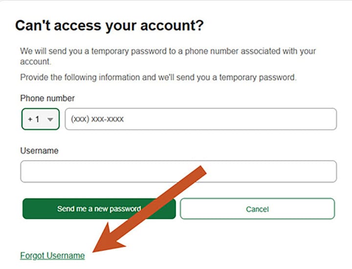 Image of ATFCU online banking screen with arrow pointing to Forgot Username link