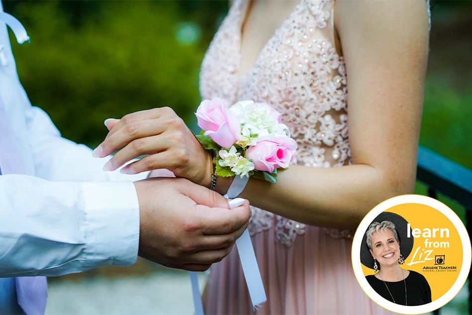 boy putting wrist corsage on girl with overlay pic of learn with Liz pic