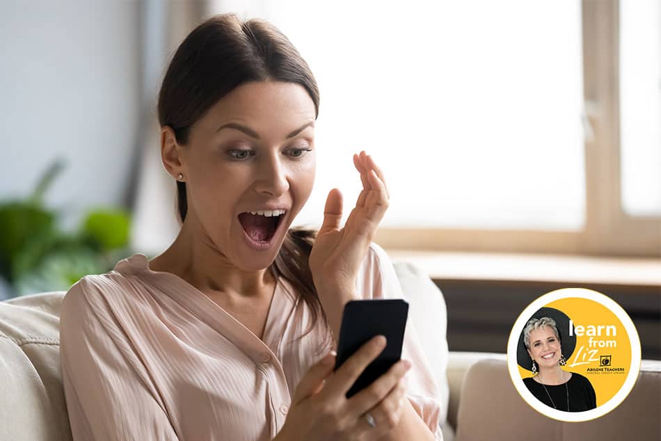 woman with excited face with overlay of Learn from Liz
