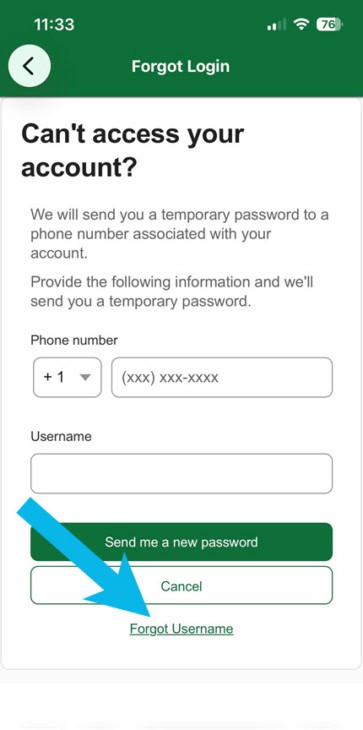ATFCU app screen with arrow pointing to Forgot Username link