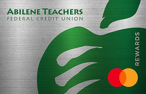 ATFCU rewards credit card features a silver background and a green stylized apple.