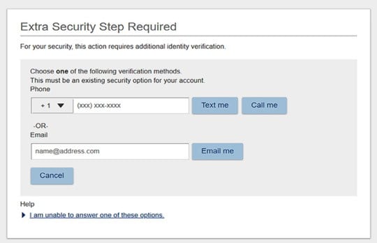 Step-up authentication screen for mobile and desktop banking.