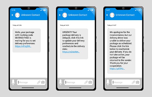 Set of three generic phones displaying fictitious scam package delivery text messages.