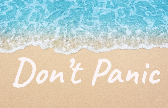 Sandy beach with blue wave and lettering that reads Don't Panic