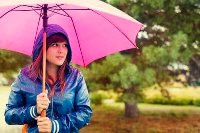 Walking through the rain with an umbrella