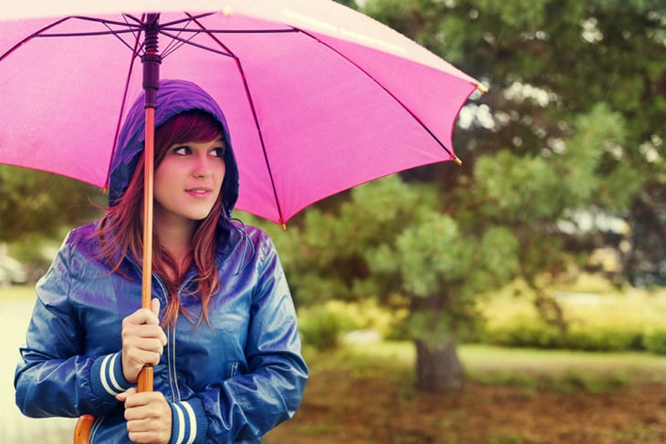 Walking through the rain with an umbrella